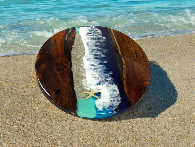 Ocean Rift – Handcrafted Wood & Resin Ocean Wave Art Tray with Realistic Shoreline Texture, Coastal-Inspired Luxury Decor for Modern Homes